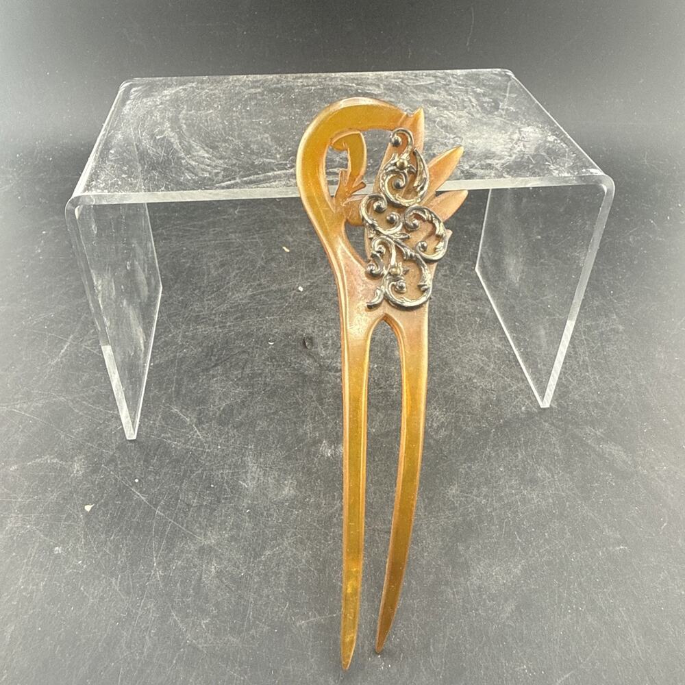 Antique Art Nouveau Celluloid Hair Comb Fork Pin Metal Filigree Faux Amber 1900s